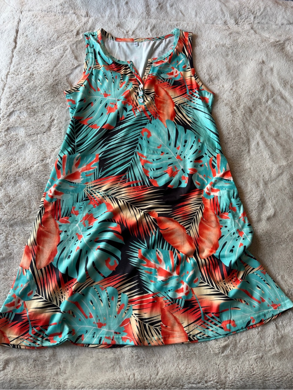 Tropical Sleeveless Tank Dress in Teal & Coral